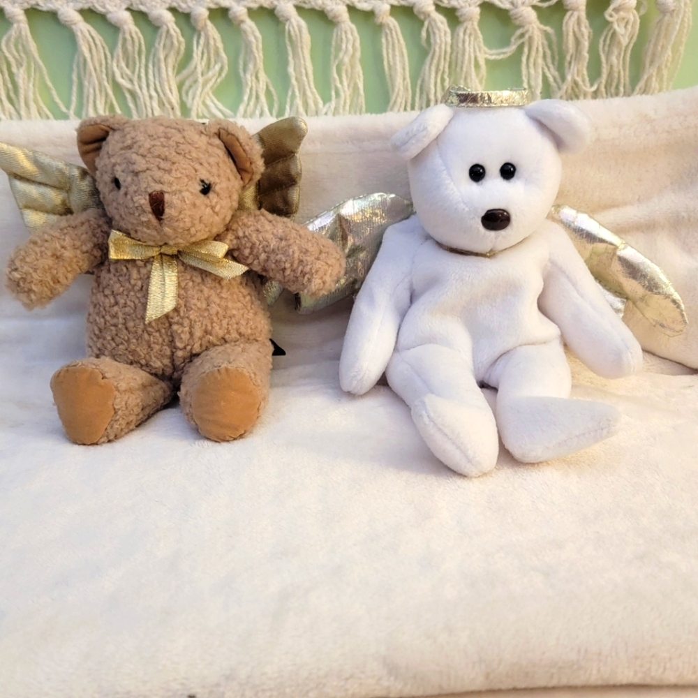 2 Angel Teddy Bears TY beanie baby Halo II and Pacifix